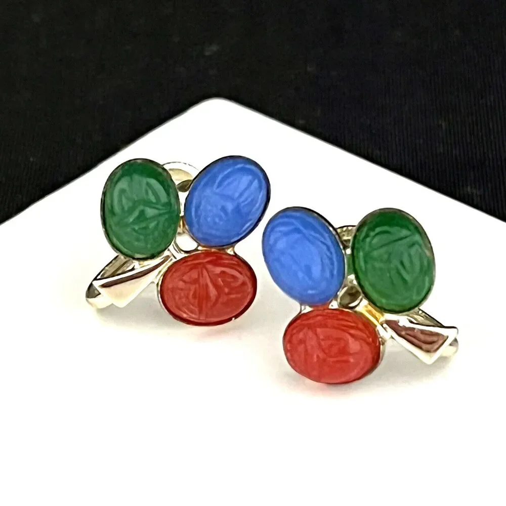 Vintage 1950s Longcraft Scarab Earrings Lucite Gold Tone Screw Back - 5X